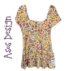Asos Design Mini Dress Womens Sz 6 Floral Button Detail Triangle Cut Out Flare